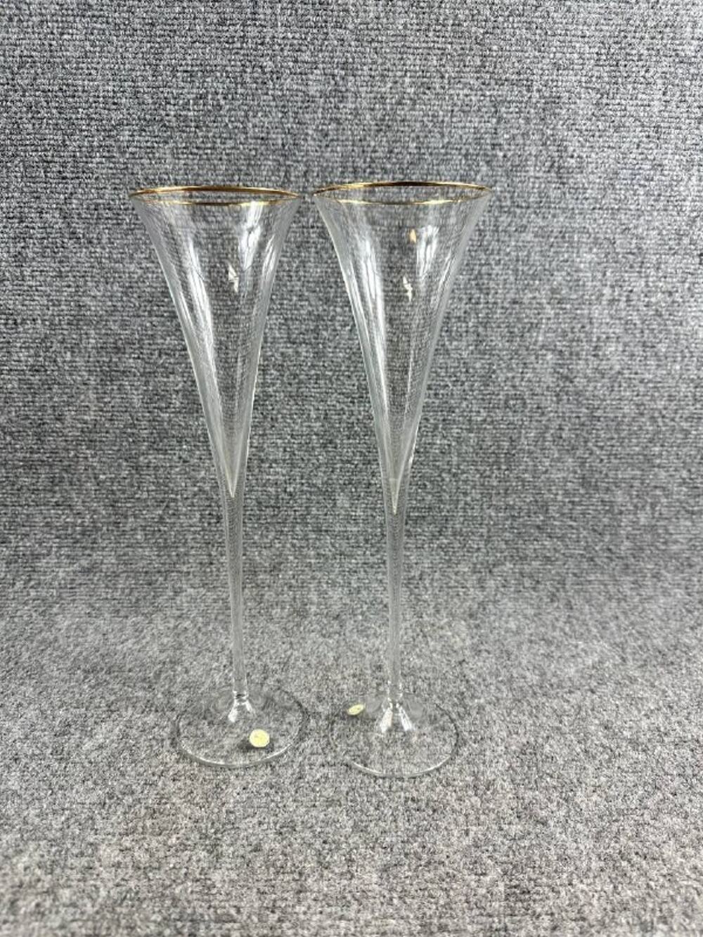 Vintage Champagne Flutes Set of 2 Gold Rim Glass Made in Romania